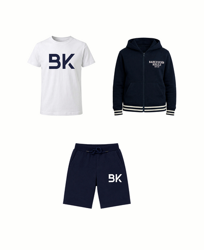 Bahçeşehir Koleji BK Logolu Beyaz T-shirt + Koyu Lacivert Kolej Ceketi + BK Logolu Siyah Şort Kombini