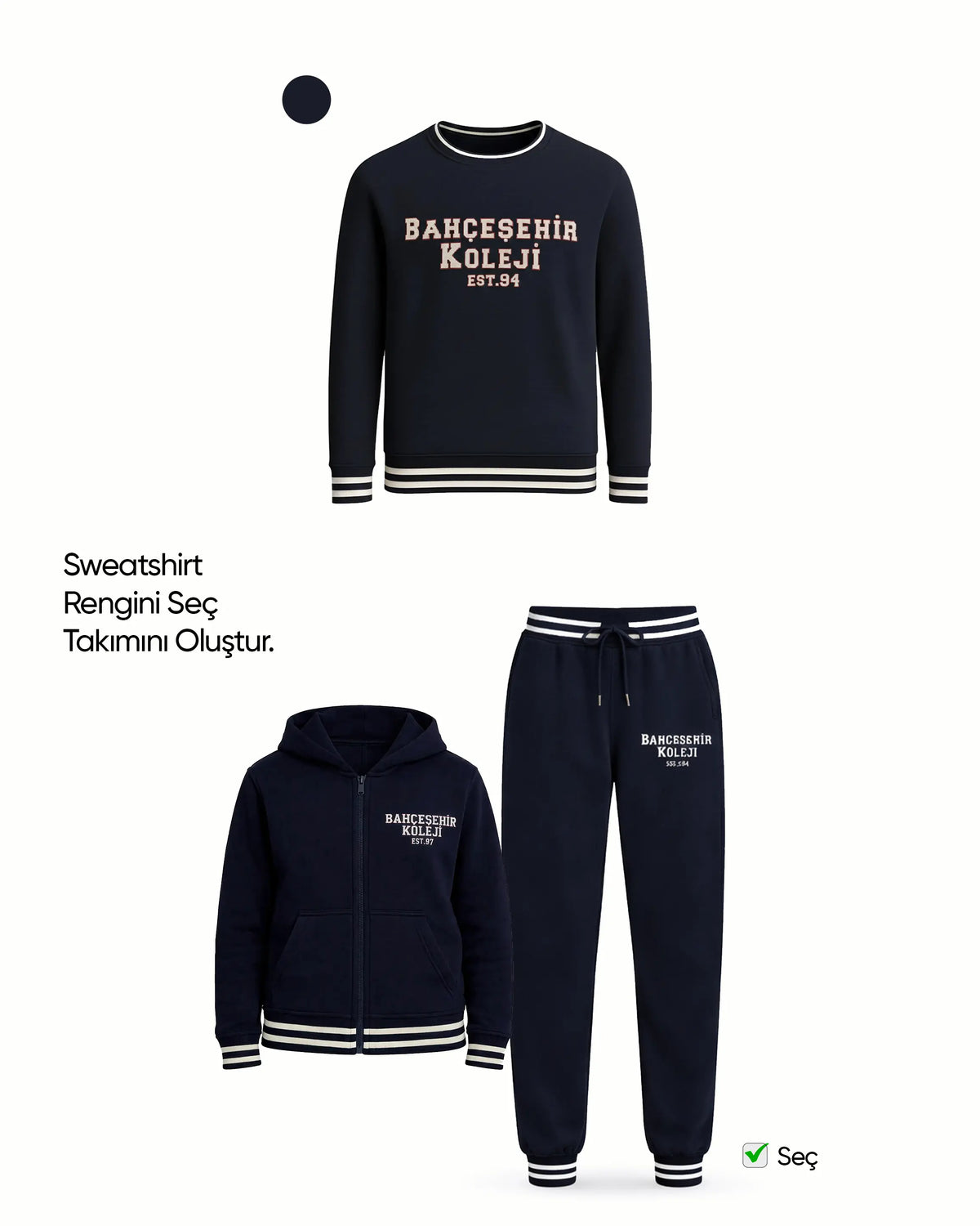 Bahçeşehir College 3-Piece 2-Thread College Set: College Jacket + Sweatshirt + Sweatpants