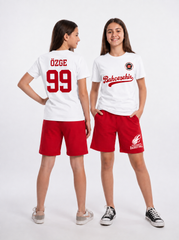 Bahçeşehir Koleji Özelleştirilebilir Beyaz Forma T-Shirt + Kırmızı Basketball Şort Kombini