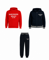 Bahçeşehir Koleji Kırmızı Kapüşonlu Sweatshirt + Koyu Lacivert Kolej Ceketi + Eşofman Altı 3 iplik Set