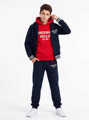 Bahçeşehir Koleji Kırmızı Kapüşonlu Sweatshirt + Koyu Lacivert Kolej Ceketi + Eşofman Altı 3 iplik Set