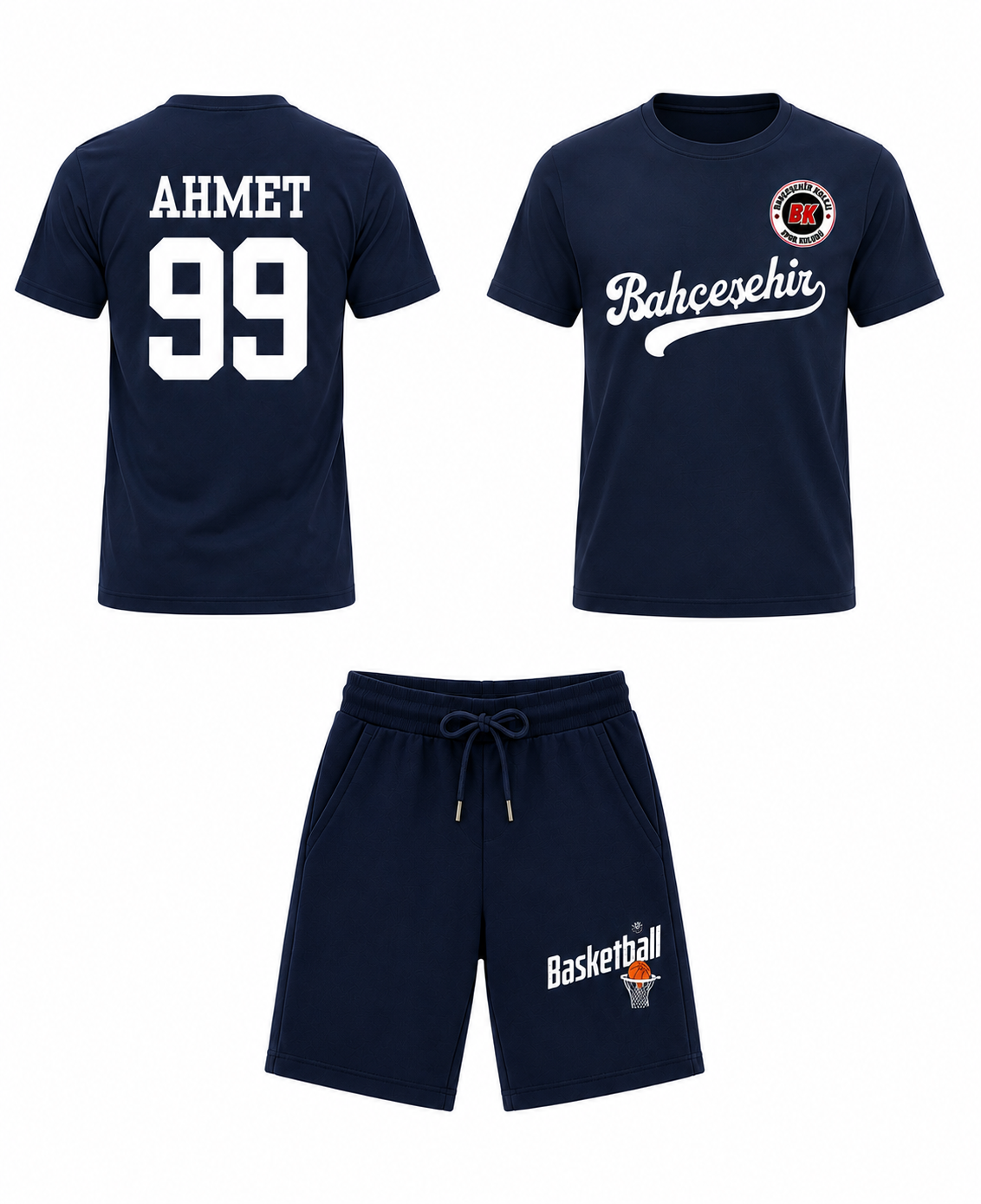 Bahçeşehir Koleji Özelleştirilebilir Koyu Lacivert Forma T-Shirt + Koyu Lacivert Basketball Şort Kombini