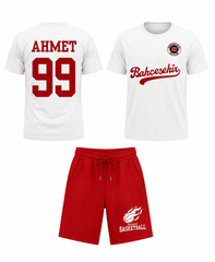 Bahçeşehir Koleji Özelleştirilebilir Beyaz Forma T-Shirt + Kırmızı Basketball Şort Kombini