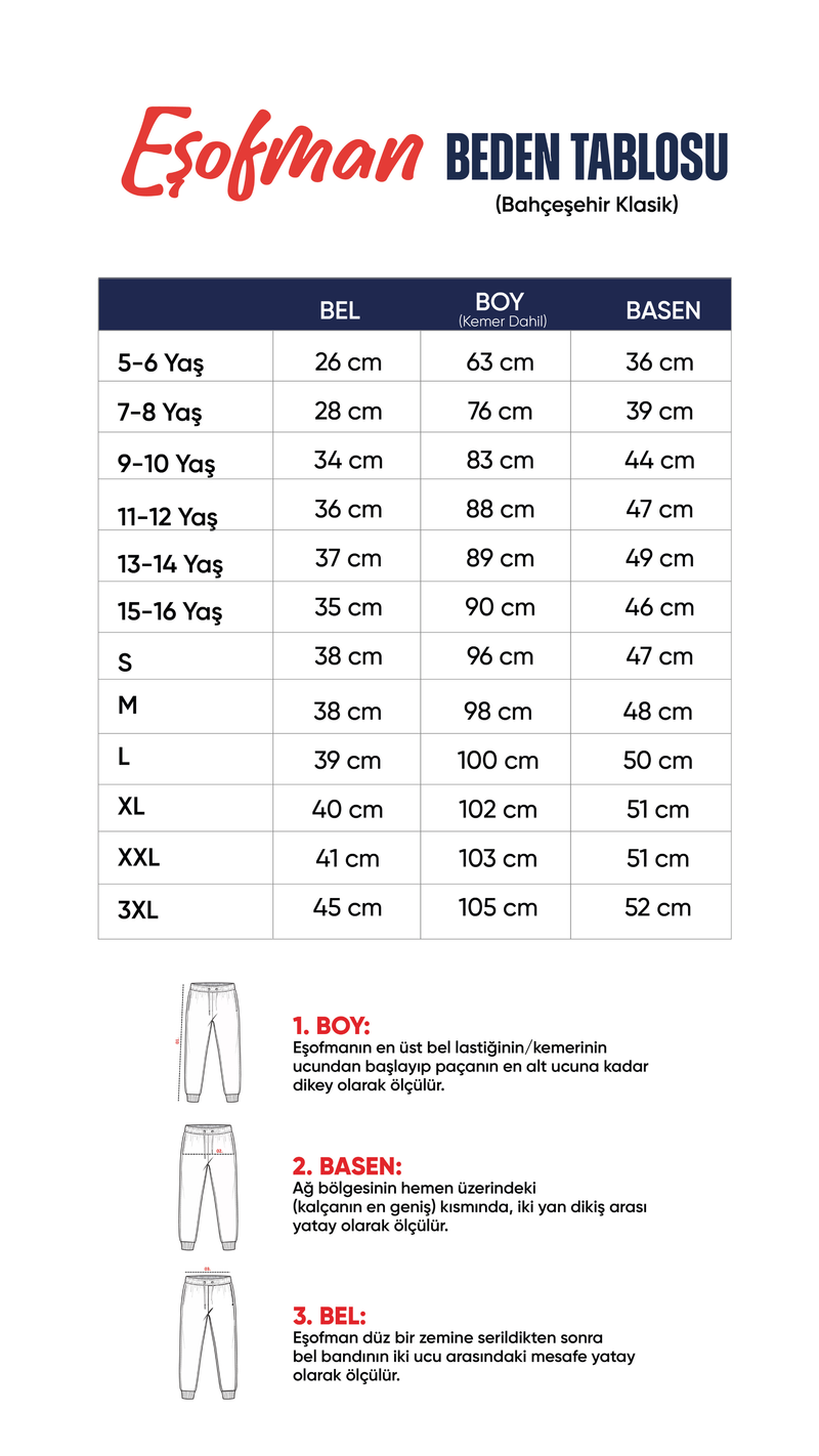 Eşofman (Bahçeşehir Klasik) beden tablosu