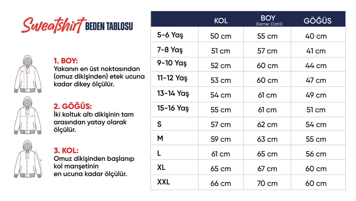 Kapüşonlu Sweatshirt beden tablosu