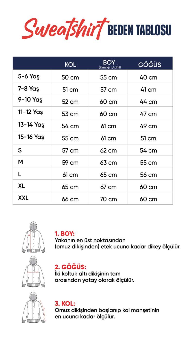 Kapüşonlu Sweatshirt beden tablosu