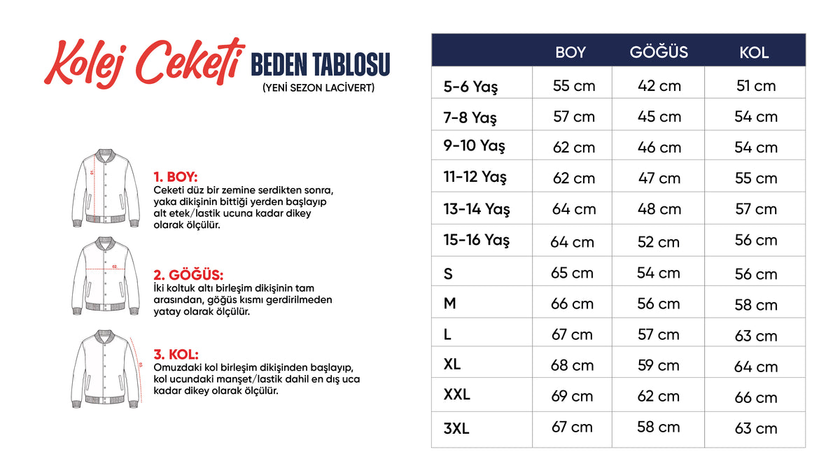 Kolej Ceketi (Yeni Sezon) beden tablosu