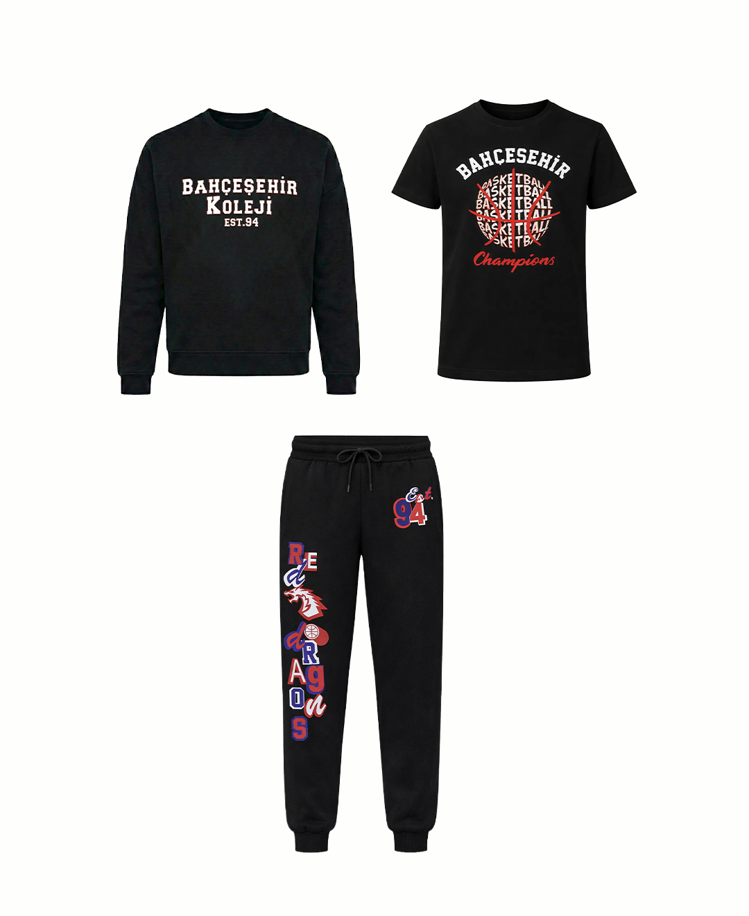 Bahçeşehir EST 94 Sweatshirt + Champion Siyah T-Shirt + Red Dragons Siyah Eşofman Altı Kombin
