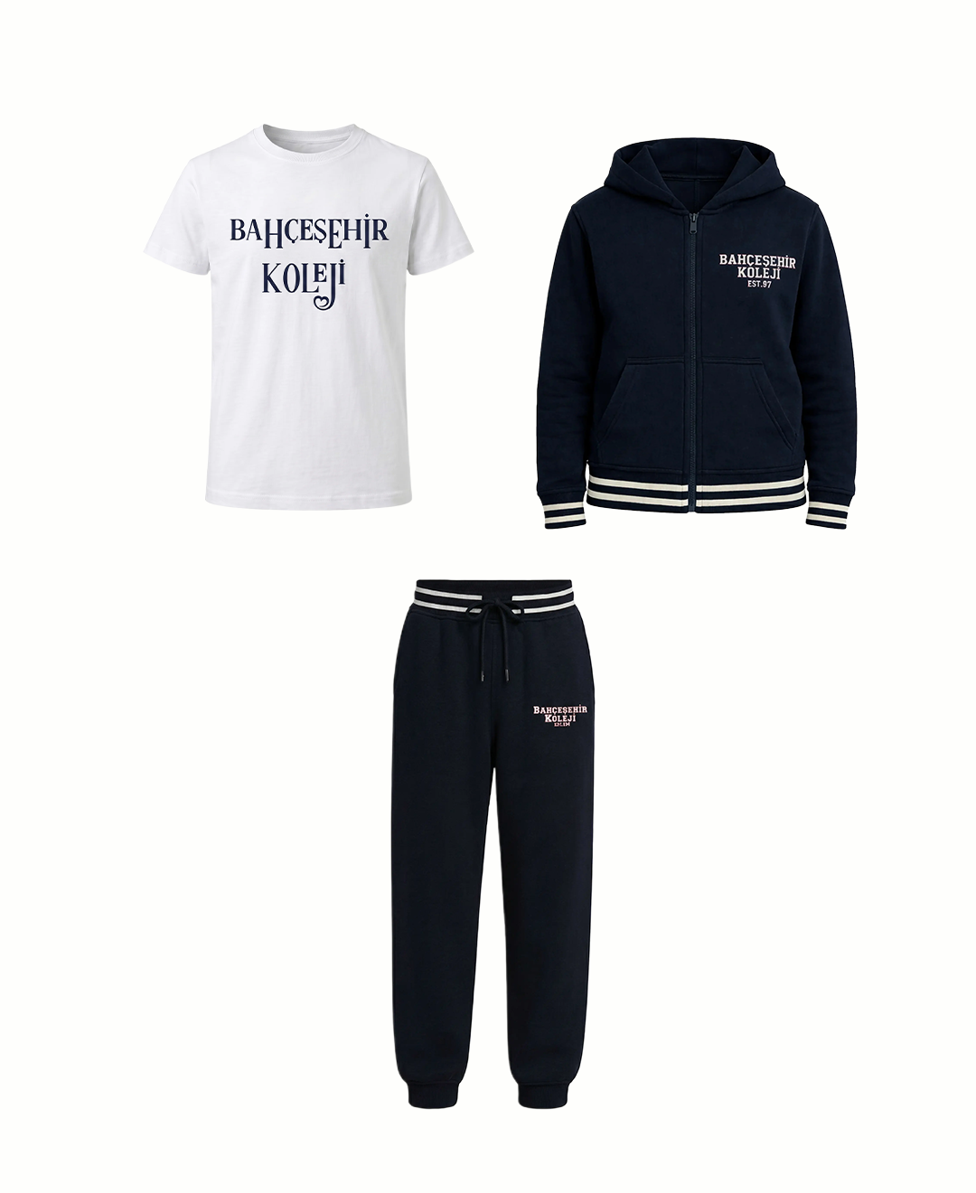 Bahçeşehir Koleji Özel Tasarım Beyaz T-shirt + Koyu Lacivert Kolej Ceketi + Eşofman Altı 2 iplik Kombini