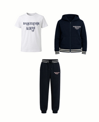Bahçeşehir Koleji Özel Tasarım Beyaz T-shirt + Koyu Lacivert Kolej Ceketi + Eşofman Altı 2 iplik Kombini