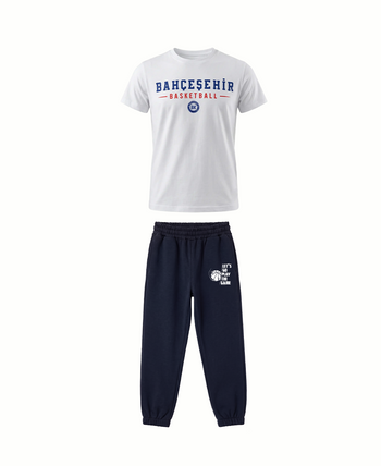 Bahçeşehir Koleji Beyaz Basketball T-Shirt + Koyu Lacivert Eşofman Kombini