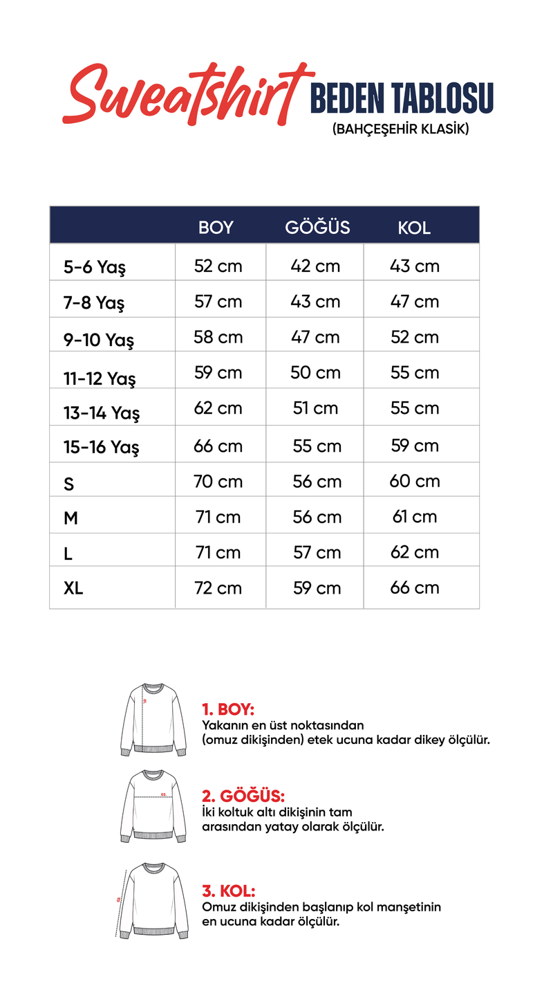 Sweatshirt (Bahçeşehir Klasik) beden tablosu