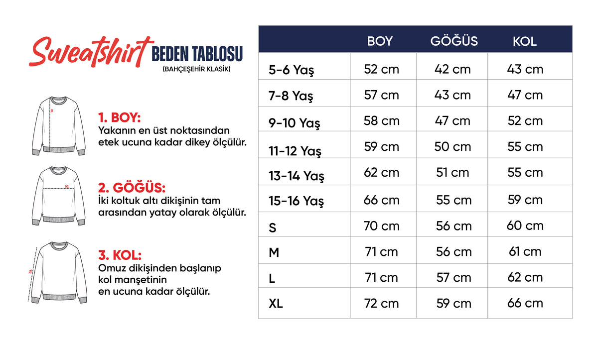 Sweatshirt (Bahçeşehir Klasik) beden tablosu