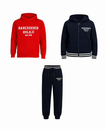 Bahçeşehir Koleji Kırmızı Kapüşonlu Sweatshirt + Koyu Lacivert Kolej Ceketi + Eşofman Altı 3 iplik Set