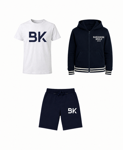 Bahçeşehir Koleji BK Logolu Beyaz T-shirt + Koyu Lacivert Kolej Ceketi + BK Logolu Siyah Şort Kombini