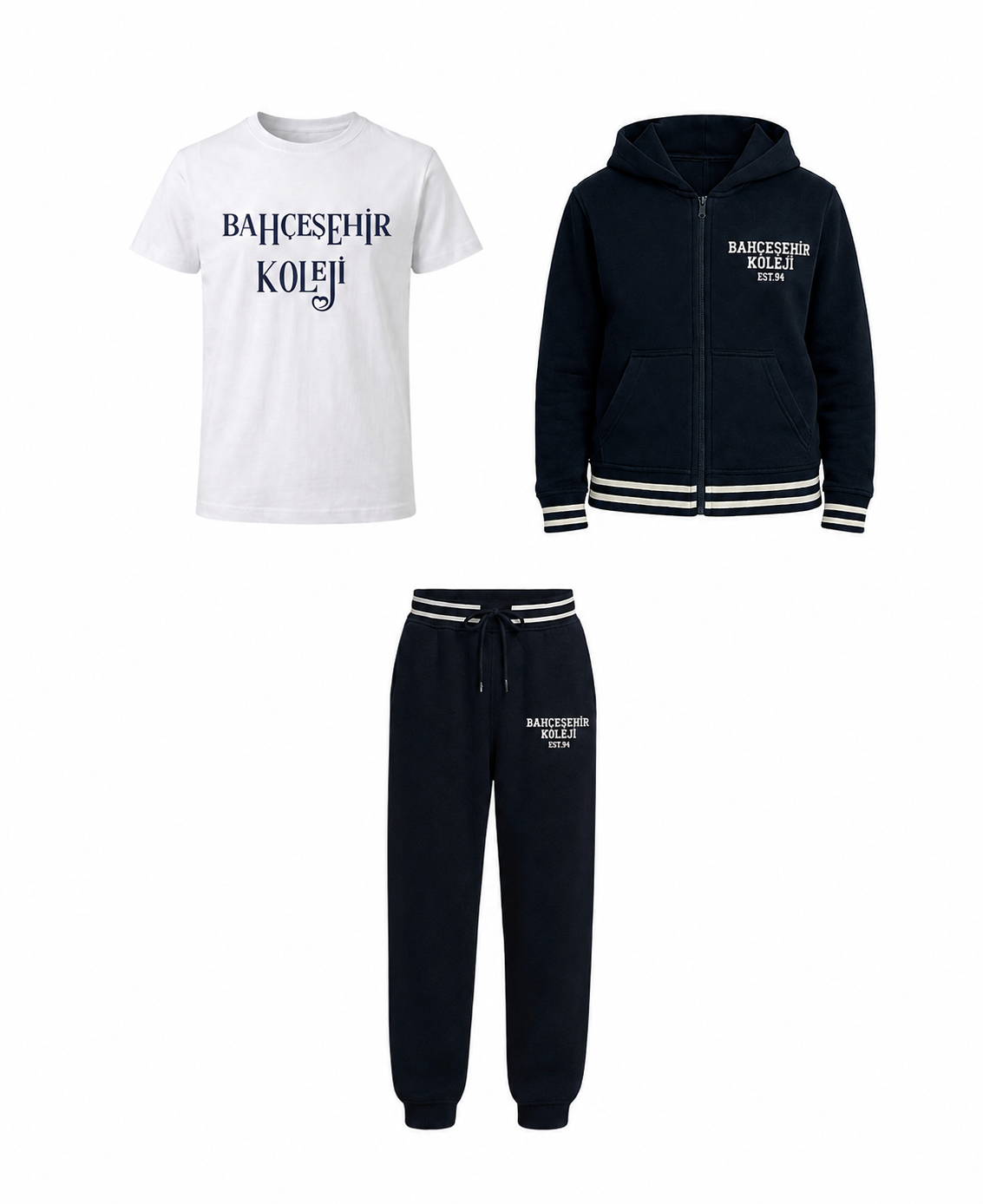 Bahçeşehir Koleji Özel Tasarım Beyaz T-shirt + Koyu Lacivert Kolej Ceketi + Eşofman Altı 2 iplik Kombini